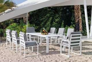 Set mesa ▯240 + 8 sillones de aluminio [Zafiro] de Hevea - Conjunto de aluminio luxe para jardín: Mesa de comedor de 240 cm. + 8 sillones + cojines. Disponible en color blanco, antracita, champagne, plata, marrón o nude.