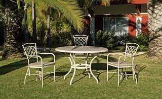 Conjunto forja Alicante de Jayso - Conjunto de forja con mesa redonda con tablero de cristal laminado y 4 sillones