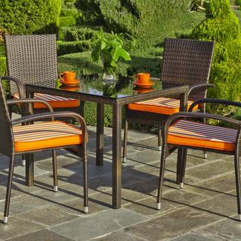 Conjunto mesa ▢80 + 4 sillones de ratán [Bergamo] de Hevea - Conjunto de ratán sintético color marrón para jardín y terraza: mesa cuadrada de 80 cm. + 4 sillones con cojín
