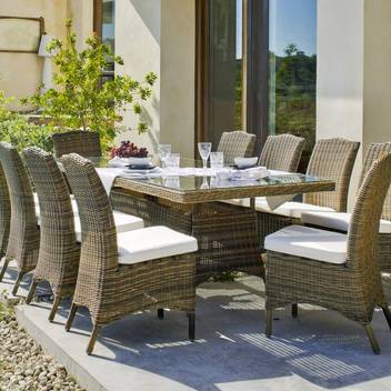 Set mesa ▯220 + 10 sillas de ratán [Borsalino] de Hevea - Conjunto de médula sintética calidad extra para jardín: mesa de 220 cm. con tapa de cristal templado + 10 sillas con cojín