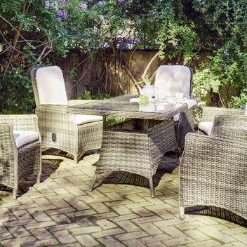 Mesa ▯160 ratán+ 4 sillones reclinables[Borsalino] de Hevea - Conjunto de médula sintética calidad extra para jardín: mesa rectangular de 160x90 cm. con tapa de cristal templado + 4 sillones multiposiciones con cojín