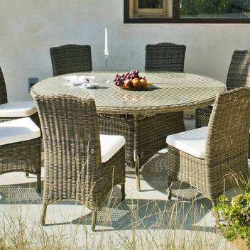 Mesa ◯170 ratán + 8 sillas c/cojín [Borsalino] de Hevea - Conjunto de médula sintética calidad extra para jardín: mesa redonda de 170 cm. con tapa de cristal templado + 8 sillas con cojín