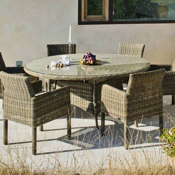Mesa de comedor-jardín ◯170 de ratán [Borsalino] de Hevea - Mesa redonda de 170 cm. para jardín, con tapa de cristal templado. Fabricada con médula sintética de calidad extra.