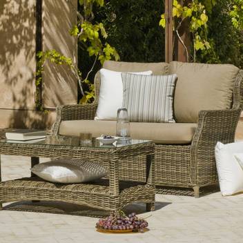 Mesa de centro ▯105 de ratán sintético [Borsalino] de Hevea - Mesa de centro para jardín, con tapa de cristal templado. Fabricada con médula sintética calidad superior color marrón
