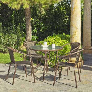 Set Mesa ◯90 de acero + 4 sillones wicker [Brasil] de Hevea - Conjunto de acero color bronce para jardín y terraza: mesa redonda de 90 cm. Con tapa de cristal templado y 4 sillones apilables de wicker reforzado