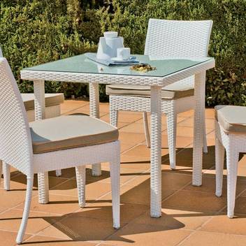 Mesa ▢80 de ratán sintético color blanco [Sandra] de Hevea - Mesa cuadrada de 80 cm. para jardín o terraza. De ratán sintético, con tapa de cristal templado
