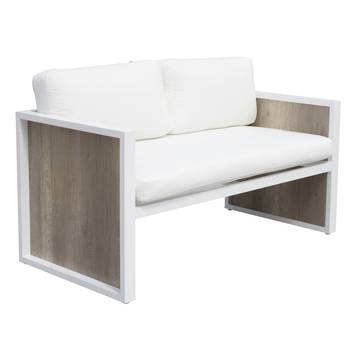 Sofá 2 plazas de aluminio y HPL de jardín [Ainara] de Hevea - Sofá 2 plazas para exterior, de alumino color blanco y HPL color maderma, con cojines confort desenfundables.