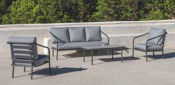Set aluminio: sofá 3p + sillones + mesa [Alexis] de Hevea - Conjunto de aluminio para jardín: 1 sofá 3 plazas + 2 sillones + 1 mesa de centro. Estructura aluminio color blanco, antracita, champagne, plata, marrón o nude.