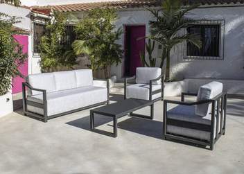 Set Aluminio Arouva-10 de Hevea - Conjunto aluminio con cojines extra confort: sofá de 3 plazas + 2 sillones + 1 mesa de centro + 2 reposapiés. Colores: blanco, antracita, marrón, champagne o plata.
