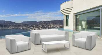 Set Tapizado Basmania de Hevea - Conjunto de aluminio tapizado con piel nautica o premiun: sofá de 2 o 3 plazas + 2 sillones + 1 mesa de centro. Disponible en varios colores y tipos de tapizado.