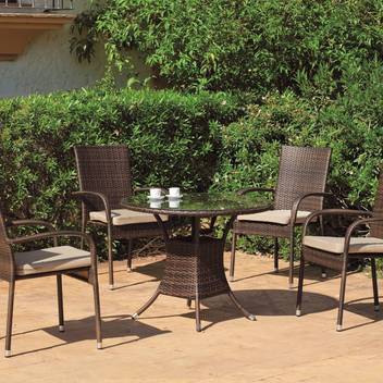 Conjunto mesa ◯90 + 4 sillones de ratán [Bergamo] de Hevea - Conjunto de ratán sintético color marrón para jardín: mesa redonda de 90 cm. y 4 sillones con cojín