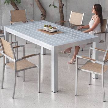 Mesa ▯180 aluminio + 4 sillones text. [Camelia-Vi] de Hevea - Conjunto color plata para jardín: Mesa de aluminio con tablero de lamas de aluminio + 4 sillones de acero inoxidable y textilen.