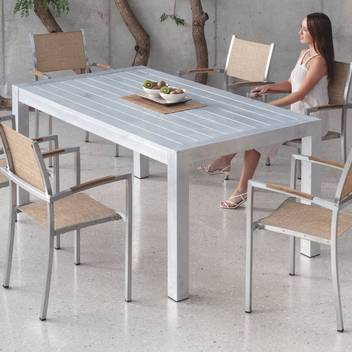 Set Camelia Natural Viena de Hevea - Conjunto color plata: Mesa de aluminio con tablero de lamas de aluminio + 4 sillones de acero inoxidable y textilen.