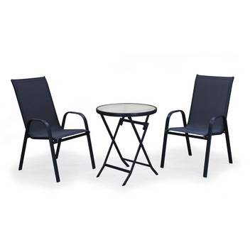 Set Mesa ◯60 + 2 sillones textilen [Cordoba-Sulam] de Hevea - Conjunto de acero color antracita para jardín y terraza: mesa redonda de 60 cm. con tapa de cristal templado + 2 sillones de acero y textilen