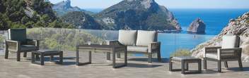 Sofá 2p + sillones + taburetes, aluminio[Estambul] de Hevea - Conjunto de aluminio-cuerda para jardín: 1 sofá de 2 plazas + 2 sillones + 1 mesa de centro + 2 taburetes. Disponible en color blanco, gris, marrón o champagne.