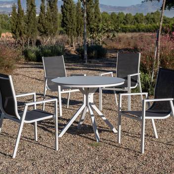 Conjunto mesa ◯100 + 4 sillones [Giglio-Sidney] de Hevea - Conjunto aluminio para jardín o terraza: mesa redonda de 100 cm con tablero HPL + 4 sillones de alumino y textilen. Colores: blanco o antracita.