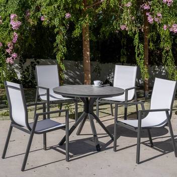 Mesa comedor-jardín ◯100 de aluminio y HPL[Giglio] de Hevea - Mesa redonda de aluminio para jardín o terraza, con patas ensambladas resistentes y tablero HPL de 100 cm. Disponible en color blanco, antracita, champagne, plata, marrón o nude.
