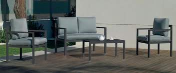 Sofá 2p + 2 sillones + mesa de aluminio [Hondina] de Hevea - Conjunto de aluminio para jardín: sofá 2 plazas + 2 sillones + 1 mesa de centro + cojines. Estructura de color blanco, plata, marrón, nude, champagne o antracita.