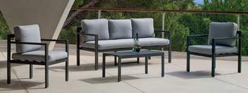 Sofá 3p + 2 sillones + mesa de aluminio [Hondina] de Hevea - Conjunto de aluminio para jardín: sofá 3 plazas + 2 sillones + 1 mesa de centro + cojines. Estructura de color blanco, plata, marrón, nude, champagne o antracita.