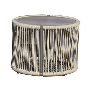 Mesa de centro ◯65 de aluminio y cuerda [Jasmyn] de Hevea - Mesa de centro redonda para jardín, de 65 cm. de ancho. Estructura de aluminio color blanco, antracita o champagne recubierta de cuerda