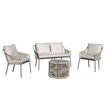 Sofá 2p aluminio-cuerda + sillones + mesa [Jasmyn] de Hevea - Conjunto de aluminio para jardín color blanco, antracita o champagne con cuerda redonda: 1 sofá de 2 plazas + 2 sillones + 1 mesa de centro.