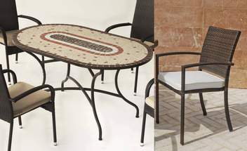 Set mesa mosaico ⬯150 + 4 sillones de ratán [May] de Hevea - Conjunto de forja color marrón para jardín: mesa ovalada con tablero mosaico de 150 cm + 4 sillones de ratán.