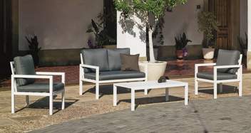 Set Aluminio Luxe Mandalay-7 de Hevea - Conjunto aluminio: 1 sofá de 2 plazas + 2 sillones + 1 mesa de centro + cojines. Estructura aluminio de color blanco o antracita.