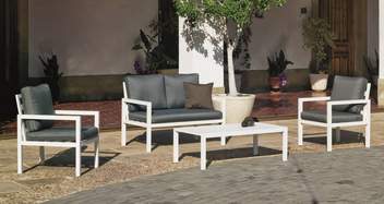 Set aluminio: sofá 2p + sillones + mesa [Mandalay] de Hevea - Conjunto aluminio para jardín: 1 sofá de 2 plazas + 2 sillones + 1 mesa de centro + cojines. Estructura aluminio de color blanco o antracita.