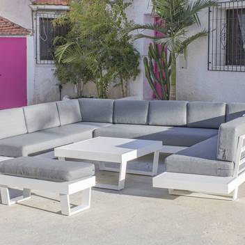 Set aluminio: rinconera 9p + mesa + tabur [Menfis] de Hevea - Rinconera confort lujo 9 plazas, con cojines desenfundables + mesa de centro + taburete, para jardín. Colores: blanco, antracita, champagne, plata, marrón o nude.