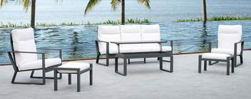 Set Aluminio Michigan-8 de Hevea - Conjunto de aluminio formado por: 1 sofá de 3 plazas + 2 sillones + 1 mesa de centro. Colores: blanco, plata, marrón, champagne o antracita.