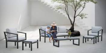 Set Aluminio Oregón-8 de Hevea - Conjunto de aluminio: sofá de 3 plazas + 2 sillones + 1 mesa de centro. Colores blanco, antracita, marrón, champagne o plata.