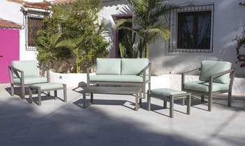 Set Aluminio Oregón-7 de Hevea - Conjunto de aluminio: sofá de 2 plazas + 2 sillones + 1 mesa de centro. Colores blanco, antracita, marrón, champagne o plata.