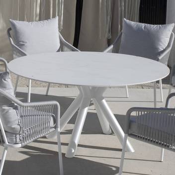 Mesa de comedor-jardín ◯150 de aluminio [Palawan] de Hevea - Mesa de aluminio circular de 150 cm para jardín, con tablero fenólico, de piedra o de Krion. Disponible en color champagne, blanco o antracita.