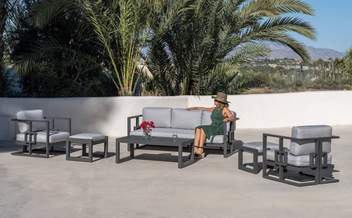 Set Aluminio Palermo-8 de Hevea - Conjunto de aluminio: sofá de 3 plazas + 2 sillones + 1 mesa de centro. Disponible en color blanco, antracita, marrón, champagne o plata.