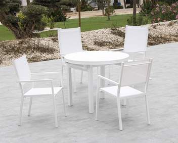 Set Aluminio Yerevan-Córcega 150-4 de Hevea - Conjunto de aluminio: mesa redonda extensible + 4 sillones de textilen. Disponible en color blanco o antracita.