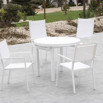 Set Aluminio Yerevan-Córcega 150-4 de Hevea - Conjunto de aluminio: mesa redonda extensible + 4 sillones de textilen. Disponible en color blanco o antracita.