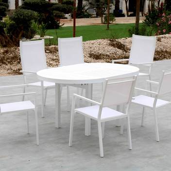 Mesa extensible ◯150 de aluminio [Yerevan] de Hevea - Mesa circular extensible de aluminio para jardín, con tablero de lamas de aluminio. Disponible en color blanco o antracita.