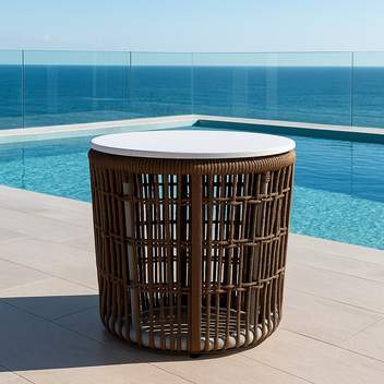 hev26 hermes mesaaux2 - Mesa ◯40 aluminio+cuerda y top HPL [Hermes] de Hevea - Mesa auxiliar redonda de 40 cm para exterior, fabricada en aluminio y cuerda, con tablero de HPL. Disponible en varios colores y acabados.