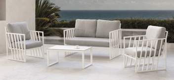 hev26 lovenia set7 - Set aluminio: sofá 2p + sillones + mesa [Lovenia] de Hevea - Conjunto de aluminio para exterior: sofá de 3 plazas + 2 sillones + 1 mesa de centro. Disponible en color blanco, antracita, marrón, nude, champagne o plata.