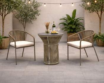 Mesa ◯60 de aluminio y cuerda [Rodhos] de Hevea - Mesa circular 60 cm para jardín o terraza, con tablero HPL. Estructura aluminio revestida de cuerda. Disponible en varios colores.