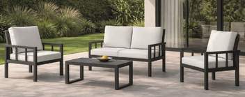 hev26 solano set7 - Sofá 2p + 2 sillones + mesa de aluminio [Solano] de Hevea - Conjunto de aluminio para jardín: 1 sofá 2 plazas + 2 sillones + 1 mesa de centro. Disponible en color blanco, antracita, champagne, plata, marrón o nude.