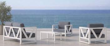 hev26 ventus set7 - Sofá 2p + 2 sillones + mesa de aluminio [Ventus] de Hevea - Lujoso conjunto de aluminio para jardín: sofá 2 plazas + 2 sillones + mesa de centro. Color conjunto: blanco, antracita, champagne, plata, marrón o nude.