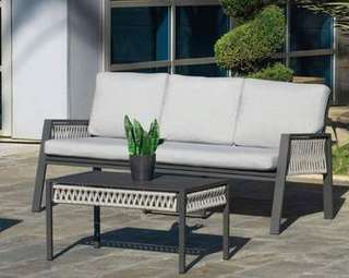 Sofá Cuerda Aldara-3 de Hevea - Sofá relax 3 plazas con cojines desenfundables. Estructura de aluminio recubierta de cuerda. En color blanco, gris, marrón o champagne.