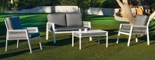 Set Aluminio Aldara-7 de Hevea - Conjunto aluminio y cuerda: 1 sofá de 2 plazas + 2 sillones + 1 mesa de centro + cojines. En color blanco, gris, marrón o champagne.