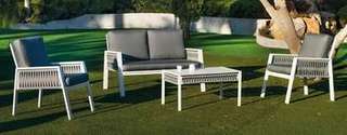 Sofá 2p+ sillones+mesa de aluminio-cuerda [Aldara] de Hevea - Conjunto aluminio y cuerda para jardín: 1 sofá de 2 plazas + 2 sillones + 1 mesa de centro + cojines. En color blanco o antracita.