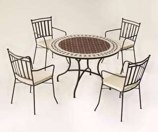 Conjunto Mosaico Alondra120-Shifa de Hevea - Conjunto de forja color bronce: mesa con tablero mosaico de 120 cm + 4 sillones con cojines asiento.