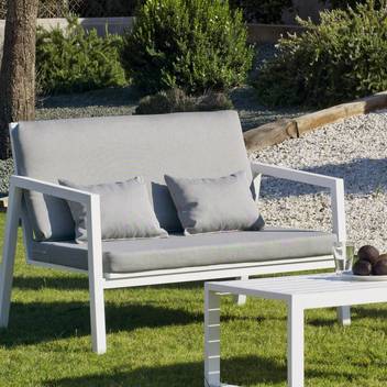 Sofá 2 plazas de aluminio para jardín [Ágata] de Hevea - Sofá 2 plazas apilable, para exterior, con cojines desenfundables. Estructura aluminio color blanco, antracita, champagne, plata, marrón o nude.