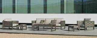 Set Aluminio Luxe Augusta-10 de Hevea - Lujoso conjunto de aluminio luxe: 1 sofá de 3 plazas + 2 sillones + 2 reposapiés + 1 mesa de centro + cojines. Estructura de color blanco, antracita o champagne.