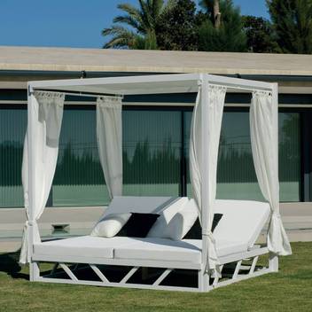 Cama doble con dosel de aluminio [Balinesa] de Hevea - Cama con dosel de aluminio color blanco, para jardín. Doble respaldo multiposiciones independientes.