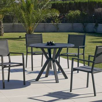 Mesa ⬡100 alum. + 4 sillones de textilen [Baracoa] de Hevea - Moderno conjunto de aluminio luxe para jardín: Mesa de comedor poligonal de 100 cm. + 4 sillones de textilen. Disponible en color blanco, antracita, champagne, plata, marrón o nude.